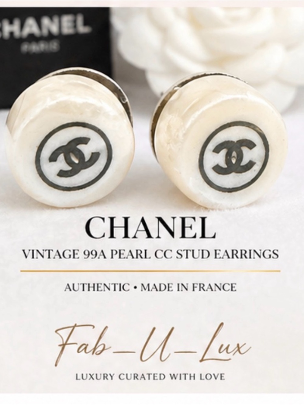 CHANEL Vintage 99A Pearl CC Stud Earrings Ivory Gold